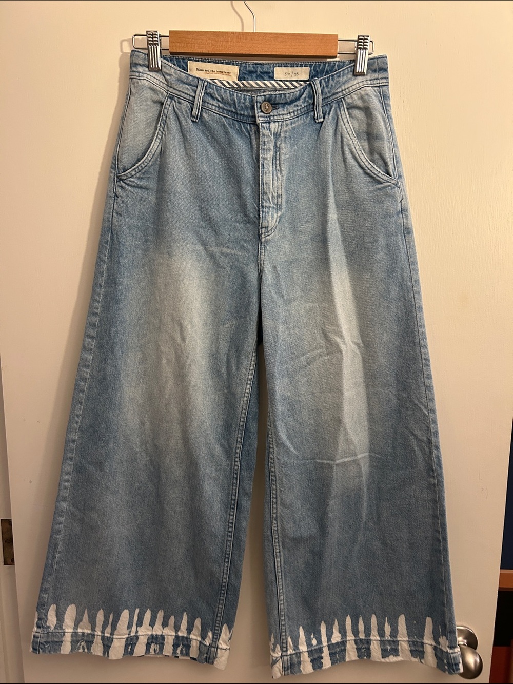 Pilcro and the Letterpress Light Blue Wide-Leg Jeans with White Printed Hem
